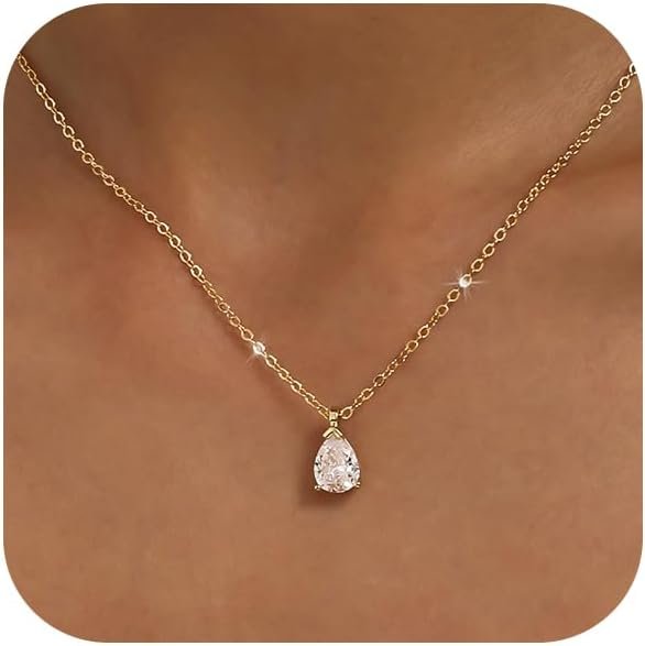 Gold Necklace for Women 14K Gold Plated Dainty Pendant Chain Puffy Heart Italian Horn Radiant Sun Compass CZ Teardrop Bow Charm Trendy Jewelry Gift