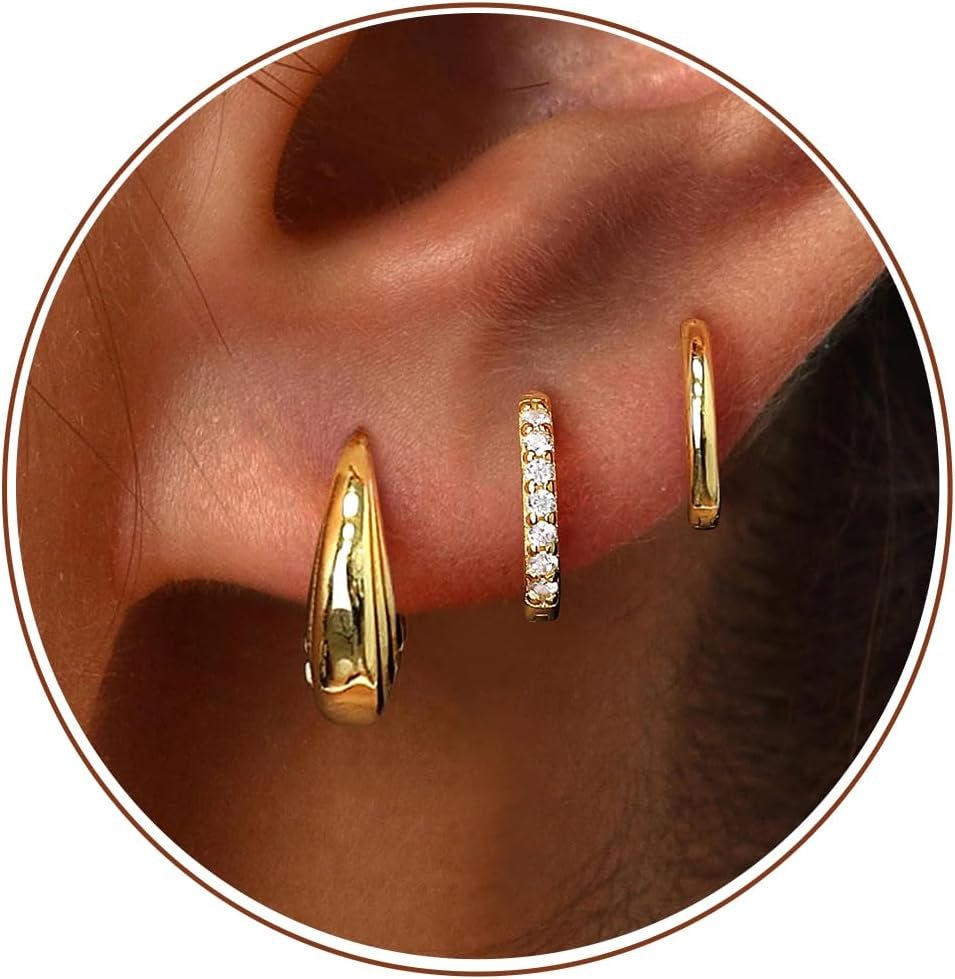 Poxtex Small Sterling Silver Huggie Hoop Earrings Set for Women, Hypoallergenic 14K Gold Plated Hoops Stacks for Multiple Piercings, Dainty Cute Mini Lightweight Cartilage Studs Trendy Jewelry Gift