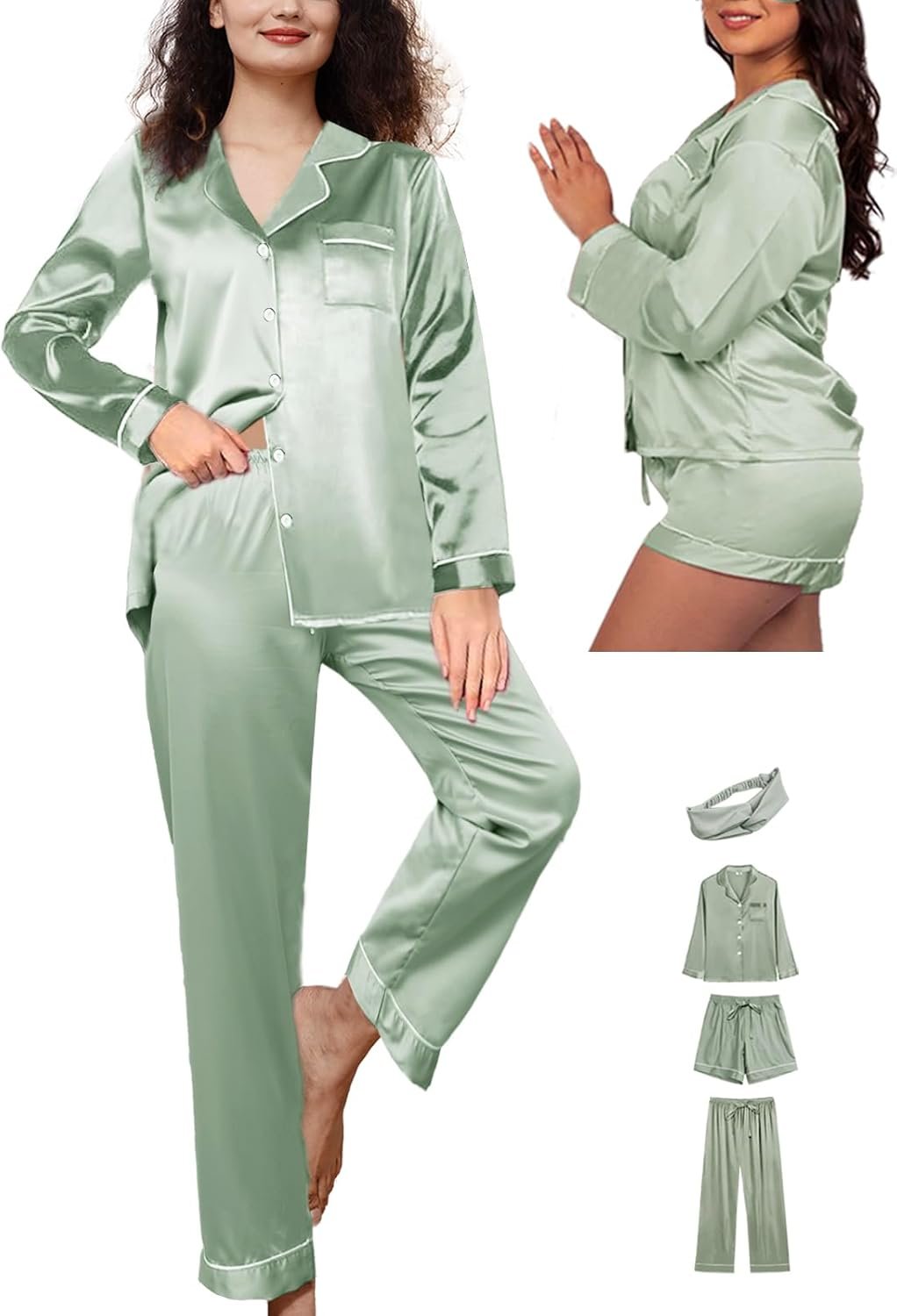 WJing Yi Jia Womens 4Pcs Satin Pajamas Set Silk Pajama Sets Silky Sleepwear Long Pj Set Loungewear Soft Pjs Nightwear XS-XXL