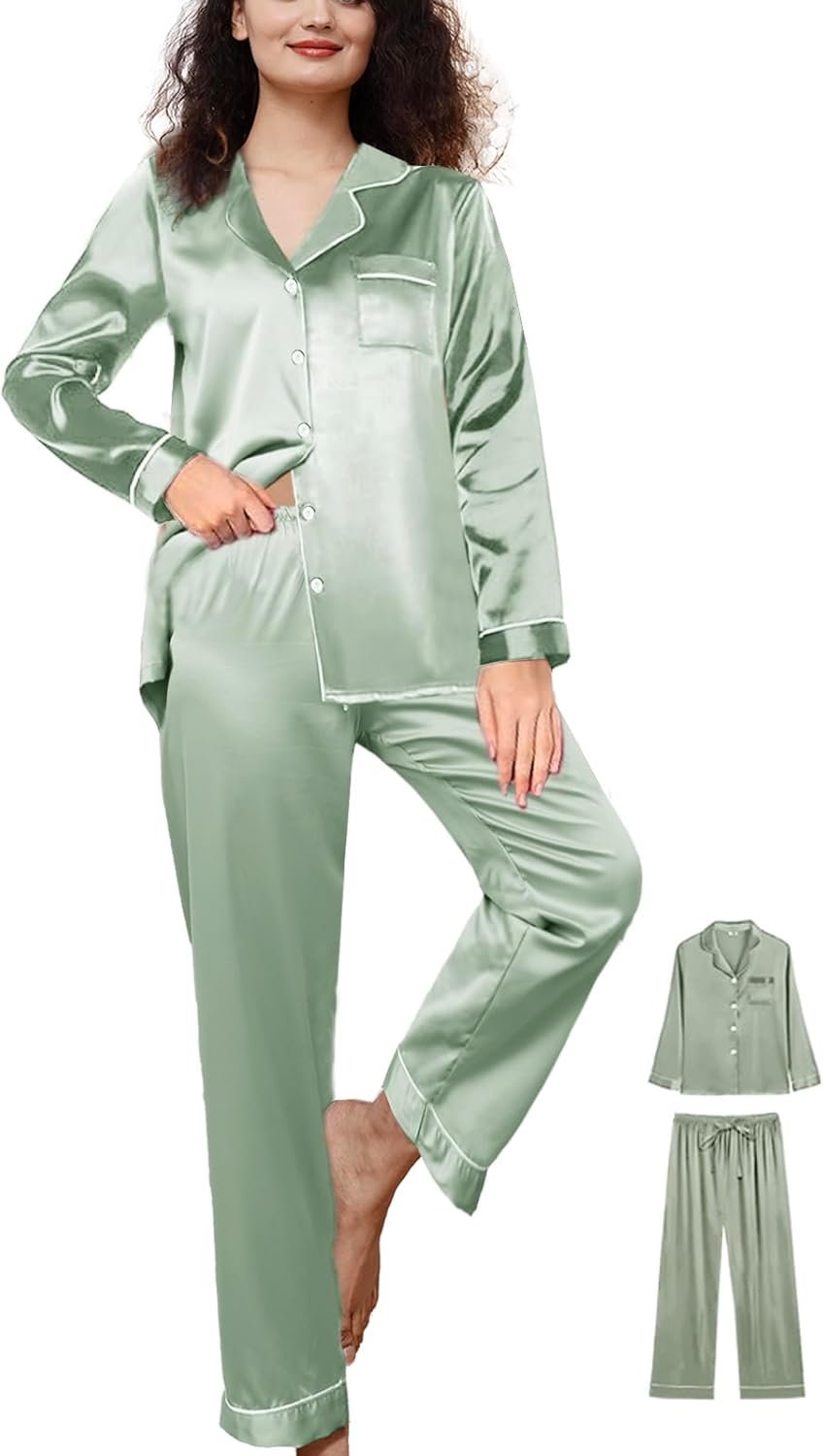 Womens Satin Pajamas Set 2Pcs Silk Pajama Long Sets XS-3XL Silky Long Pj Sets Sleepwear Stripes Pjs Loungewear
