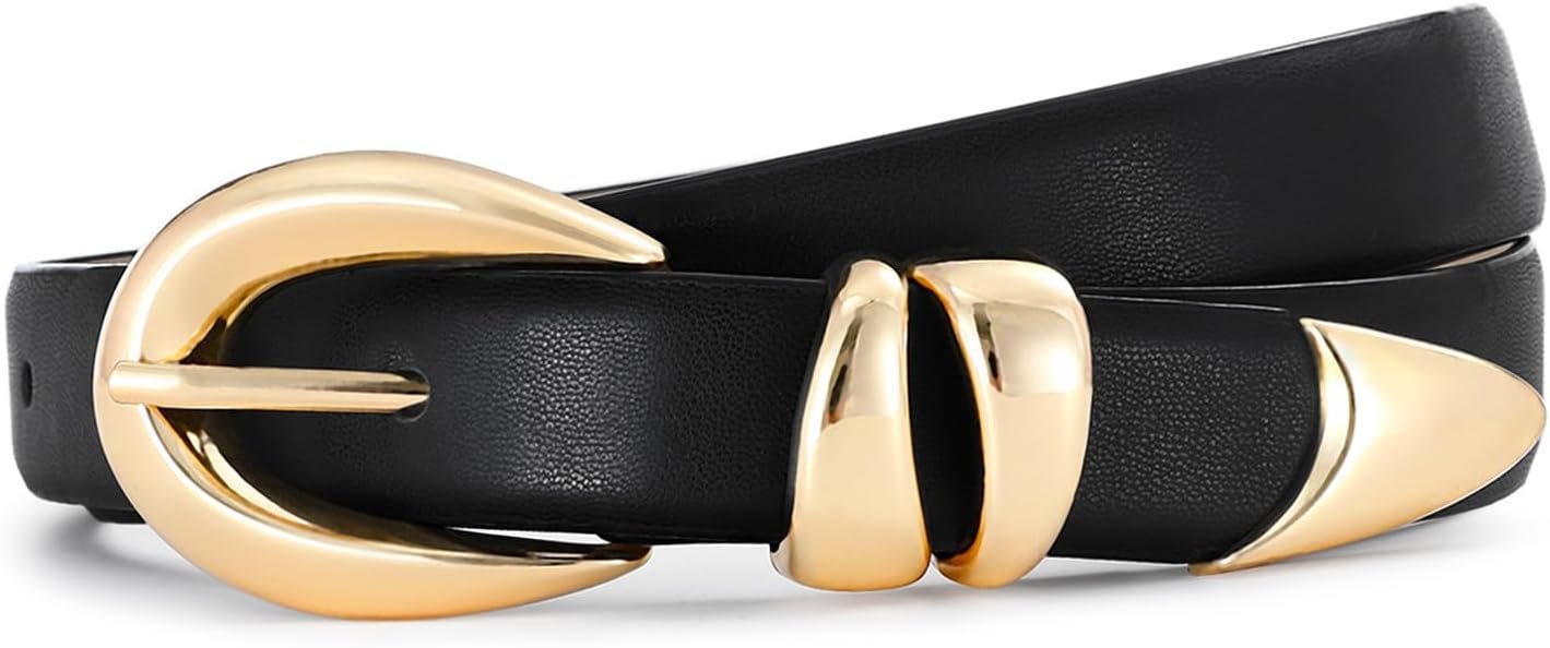 Belts for Women with Gold Buckle – Adjustable Black leather Belt for Jeans, Dress, Pants