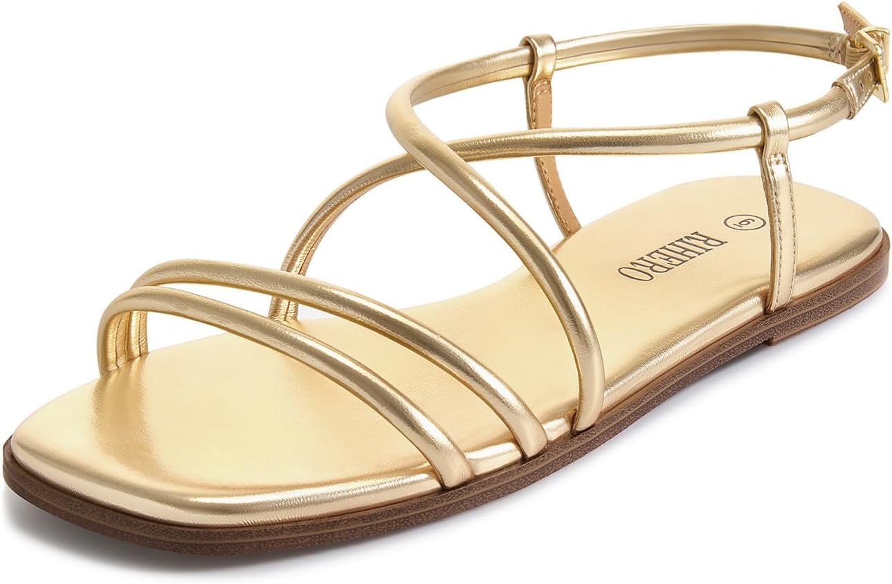Rihero Women’s Strappy Flat Sandals Summer Lace Up Open Toe Comfortable Slip-On Ankle Strap Sandals