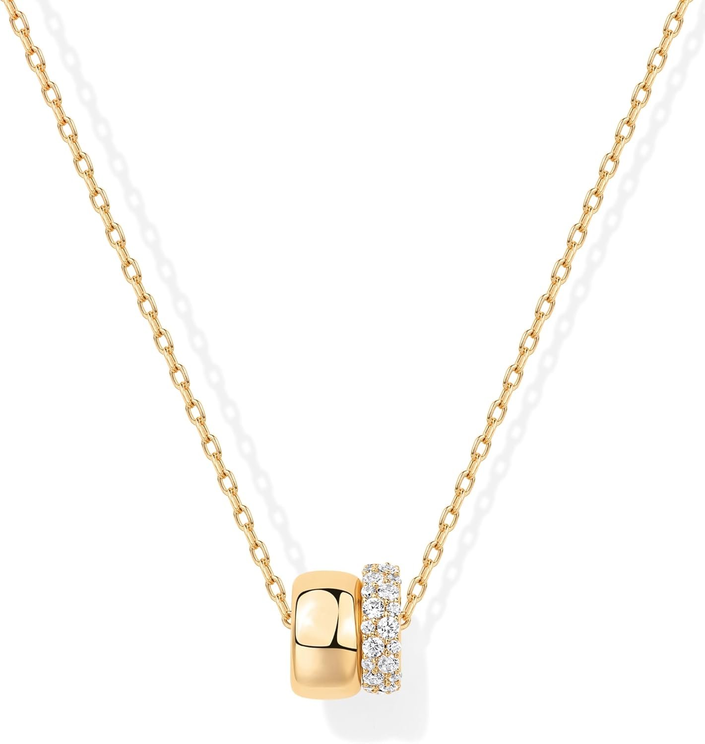 PAVOI 14K Gold Plated Pendant Necklace for Women | Two Distinct Rondelle Pendants with Cubic Zirconia | Sliding Chain Pendant | Trendy Fashion Jewelry