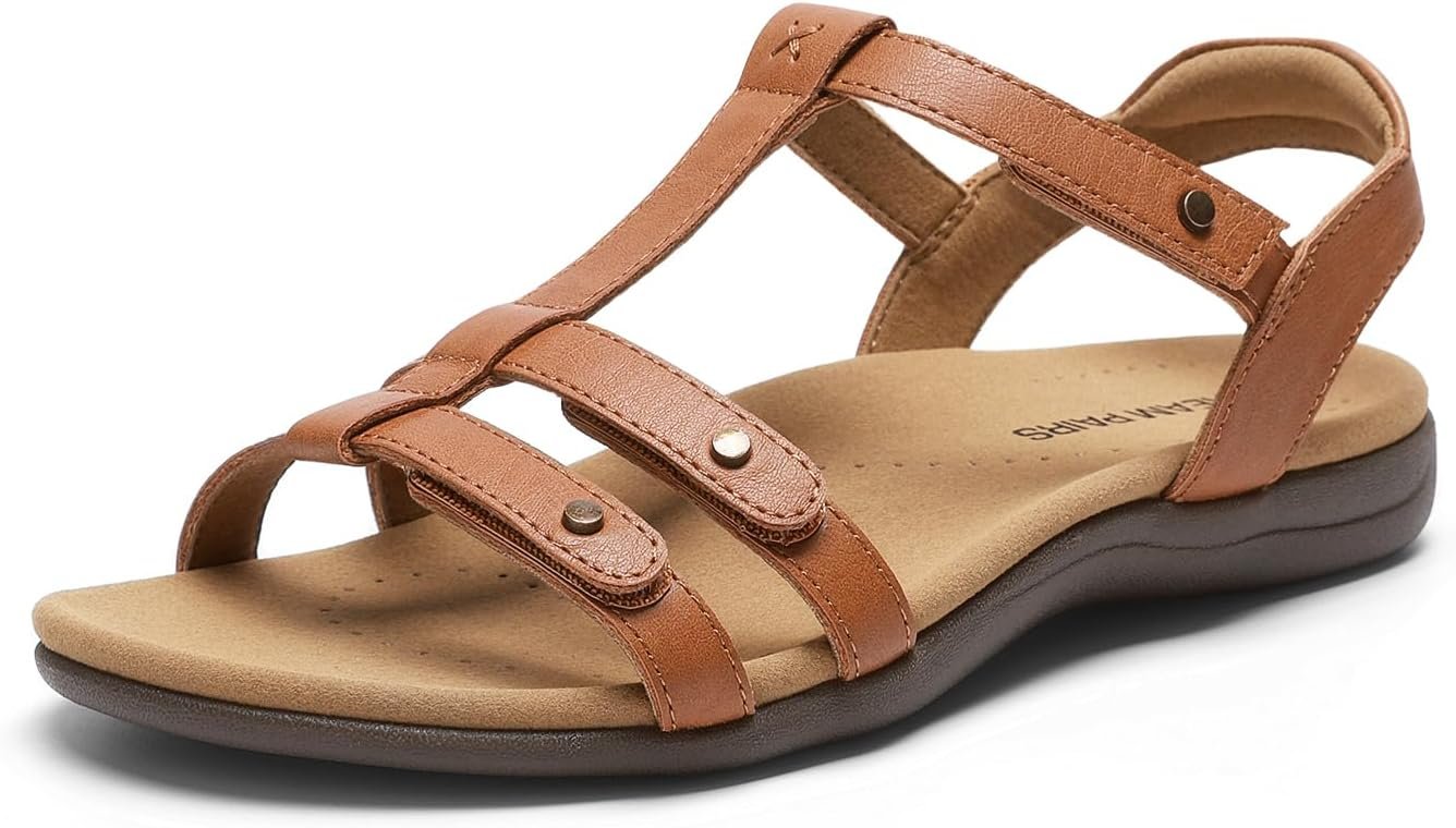 DREAM PAIRS Women’s Flat Sandals with Arch Support Adjustable Strappy Comfort Walking Sandals Casual Summer Everyday Shoes