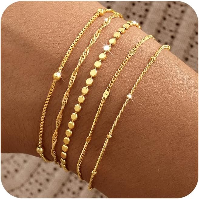 Gold Bracelets for Women, 14K Gold Plated Stackable Bracelet Stack Set Adjustable Charm Paperclip Chain Snake Link Layered Waterproof Jewelry Sets Gifts