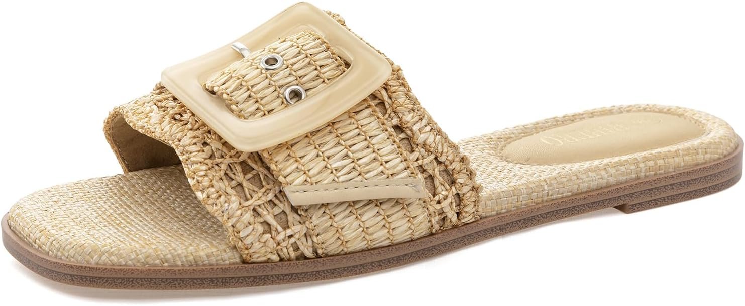 Rihero Women’s Raffia Flat Sandals Square Open Toe Summer Beach Slip On Woven Buckle Slide Sandals