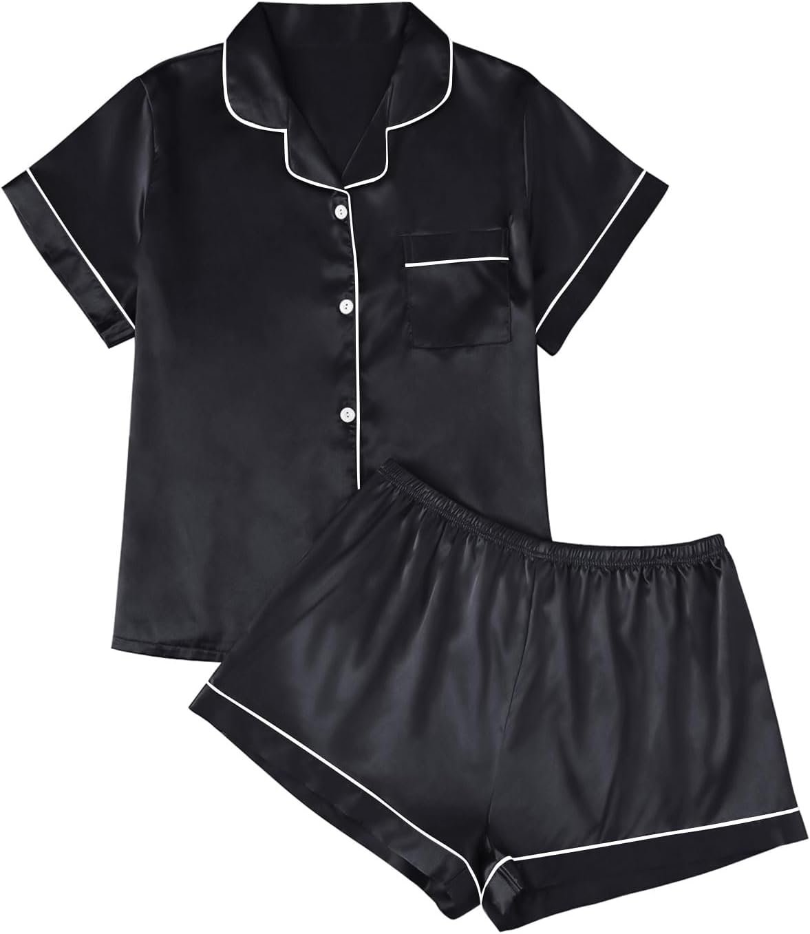 LILLUSORY Silk Satin Pajama Set for Women 2 Piece Lounge Pjs Winter Matching Summer Sleepwear Button Down Shirt Shorts