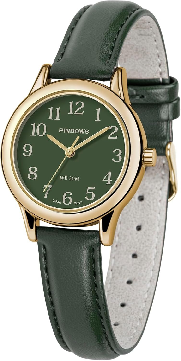 PINDOWS Minimalist Watches for Women, Gold-Tone Case with Black Leather Strap, Fashionable, Everyday Elegant Quartz Analog Dress Watch