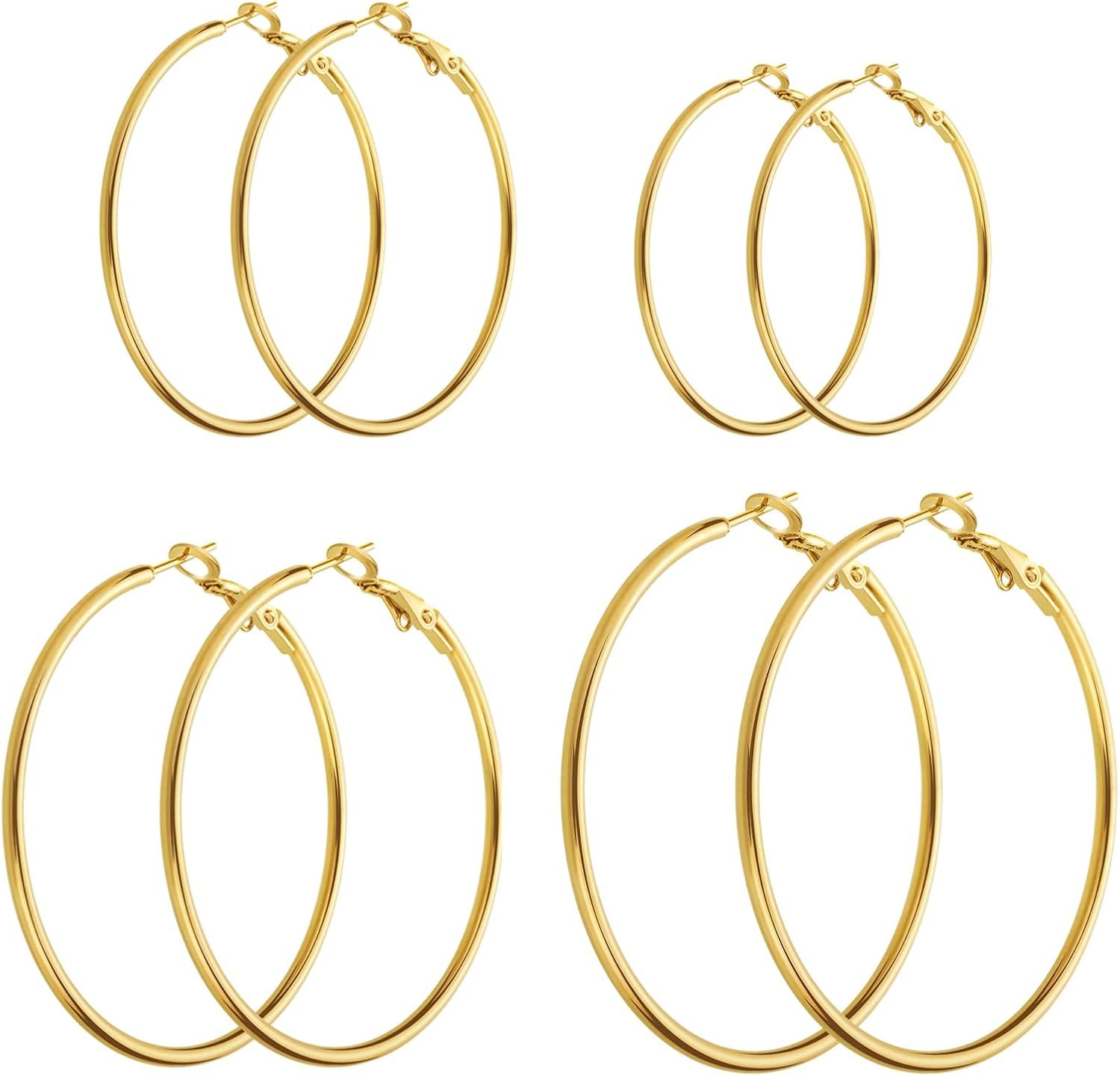 14K Gold Plated Stainless Steel Hoop Earrings – Hypoallergenic, Lightweight, 4 Pairs