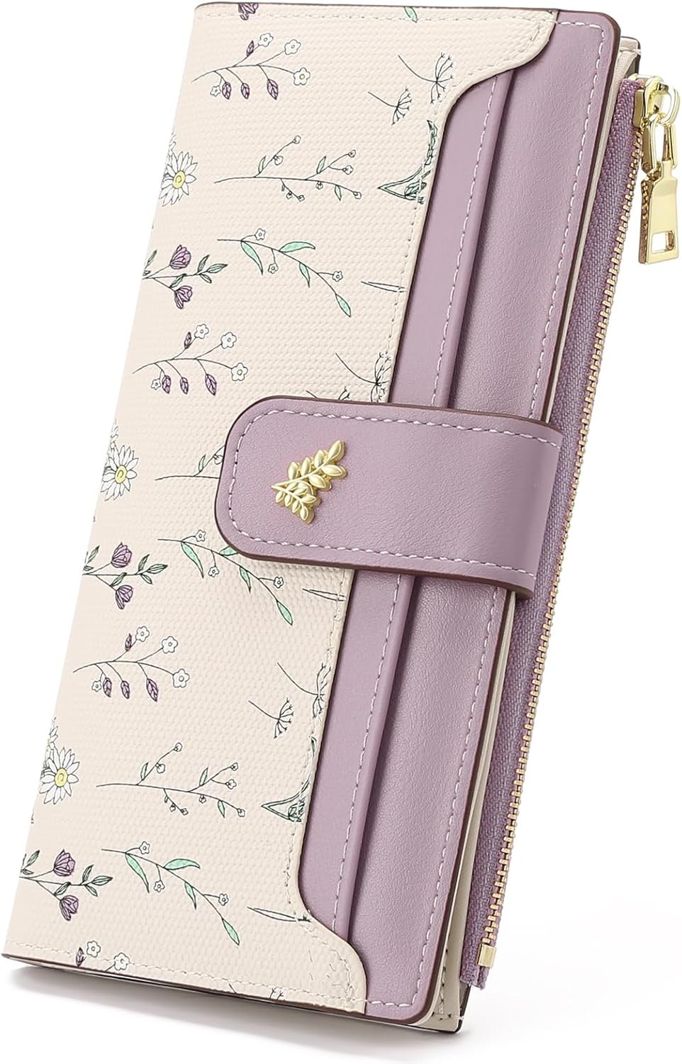 GAEKEAO Womens Wallet Slim Thin RFID Blocking Floral Vegan Leather Card Holder Bifold Long Ladies Wallet with Zipper Pocket