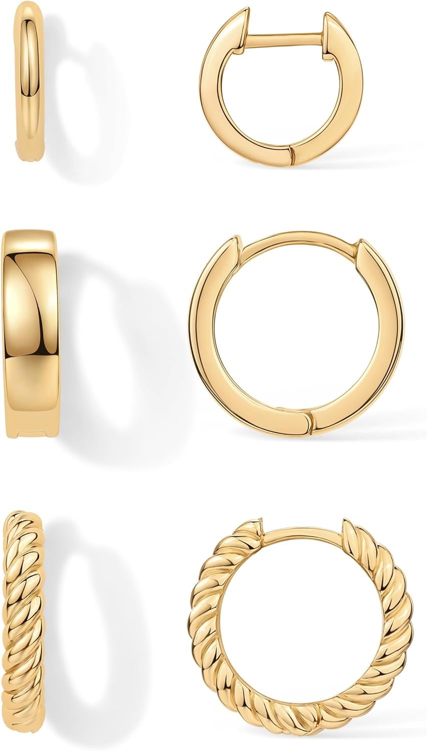 PAVOI Gold Hoop Earrings for Women – 14K-18K Yellow Gold Plated 925 Sterling Silver – Hypoallergenic 3-Pair Small Hoop Earings Set with Cubic Zirconia – Rope Teardrop & Chunky Huggie Styles Earscape Piercings
