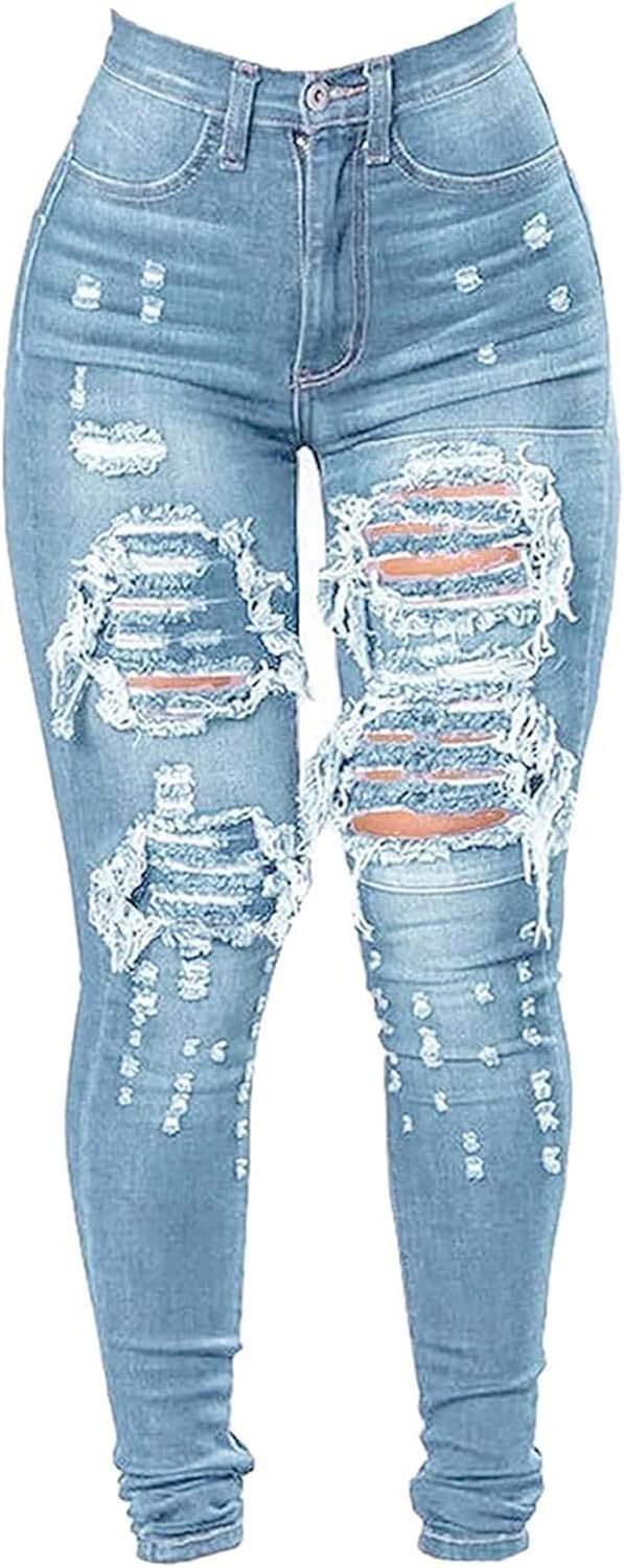 Women’s High Waist Plus Size Destroyed Jeans Slim Skinny Ripped Trousers Stretch Denim Pants