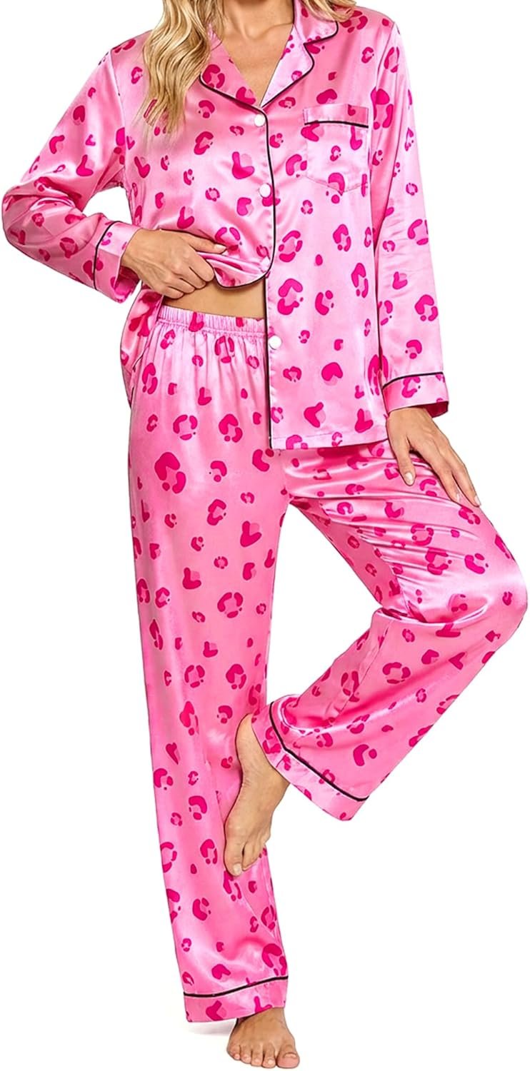 Womens Satin Pajama Set 2 Piece Silk Long Sleeve Pjs Soft Button Down Loungewear Sleepwear