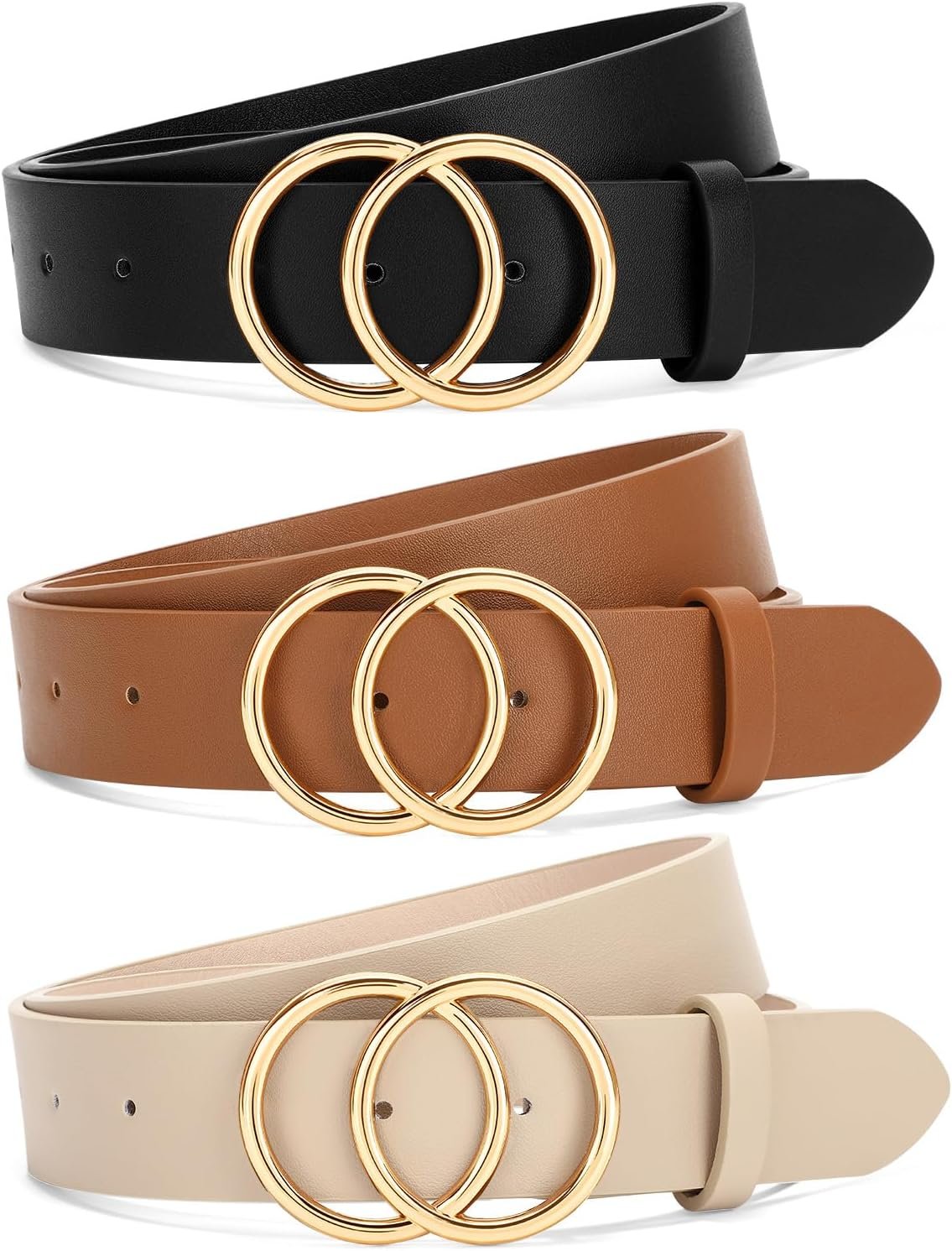 SANSTHS 3 Pack Women Waist Belts for Jeans Pants Dresses, Ladies Belt with Double O-Ring Gold Buckle