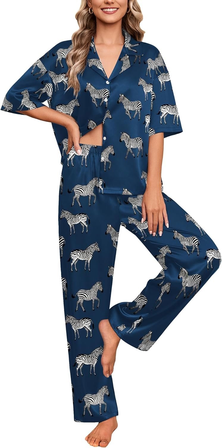 Ekouaer Silk Satin Pajamas Set Women Short Sleeve Pj Sets Button Down Sleepwear 2 Piece Soft Loungewear S-XXL