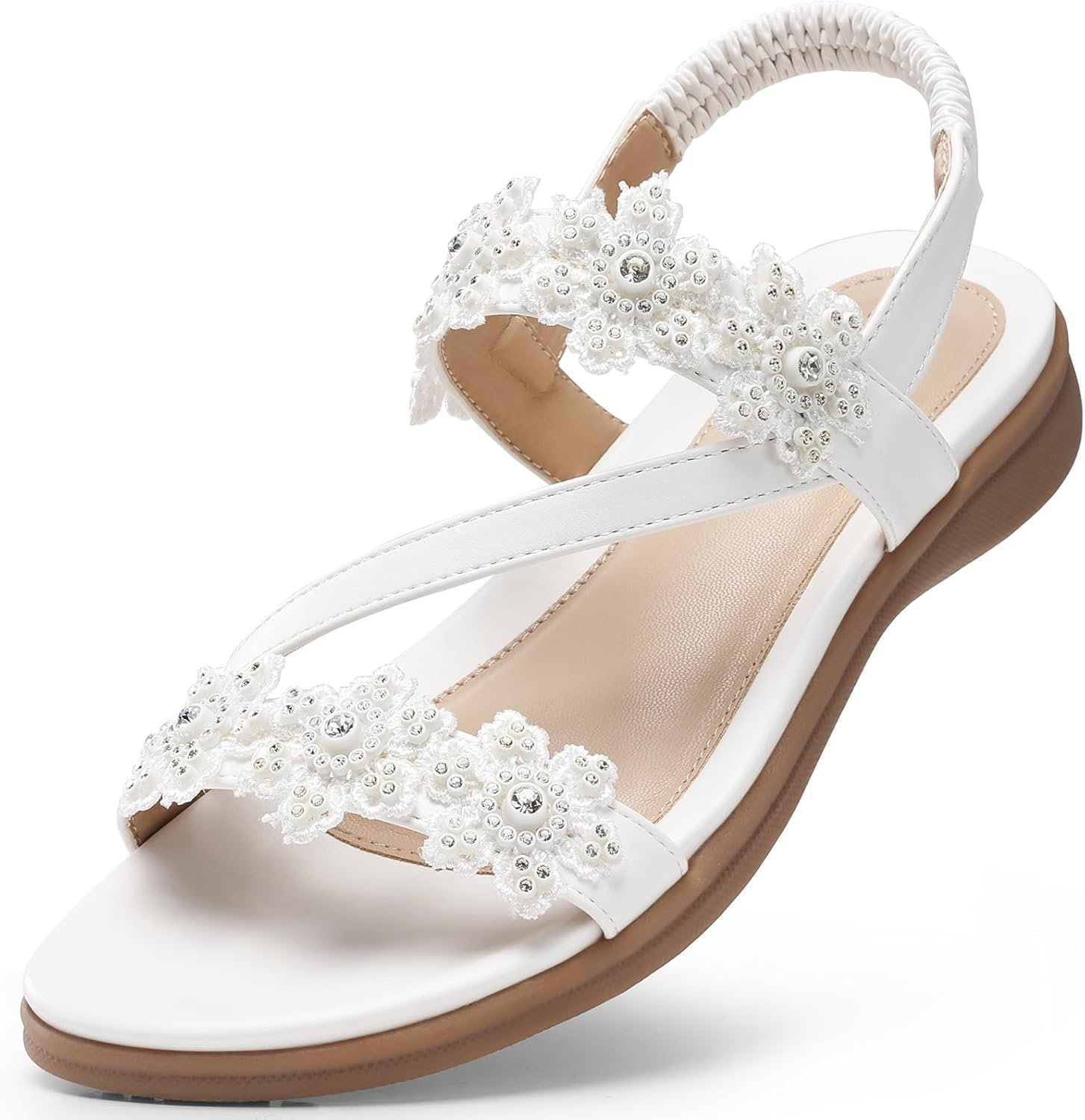 TEMOFON Sandals for Women Flat Dressy Summer Flower Sandals with Ankle Strap Comfortable Casual Walking Flat Sandals Size 5-11