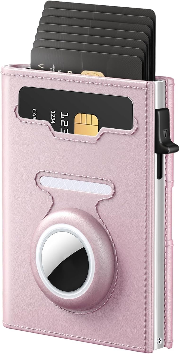 RFID Wallet for Women with AirTag Holder – Slim Small Trifold Wallets Anti-Theft Pop up Card Holder for Air Tag, Front Pocket, Minimalist, Premium Leather, Ultra Thin, ID Window, Cash Slot