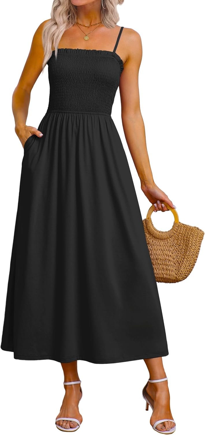 OFEEFAN Womens Spaghetti Strap Maxi Dresses Smocked with Pockets 2026 Summer Spring Casual Boho Beach Long Sundresses
