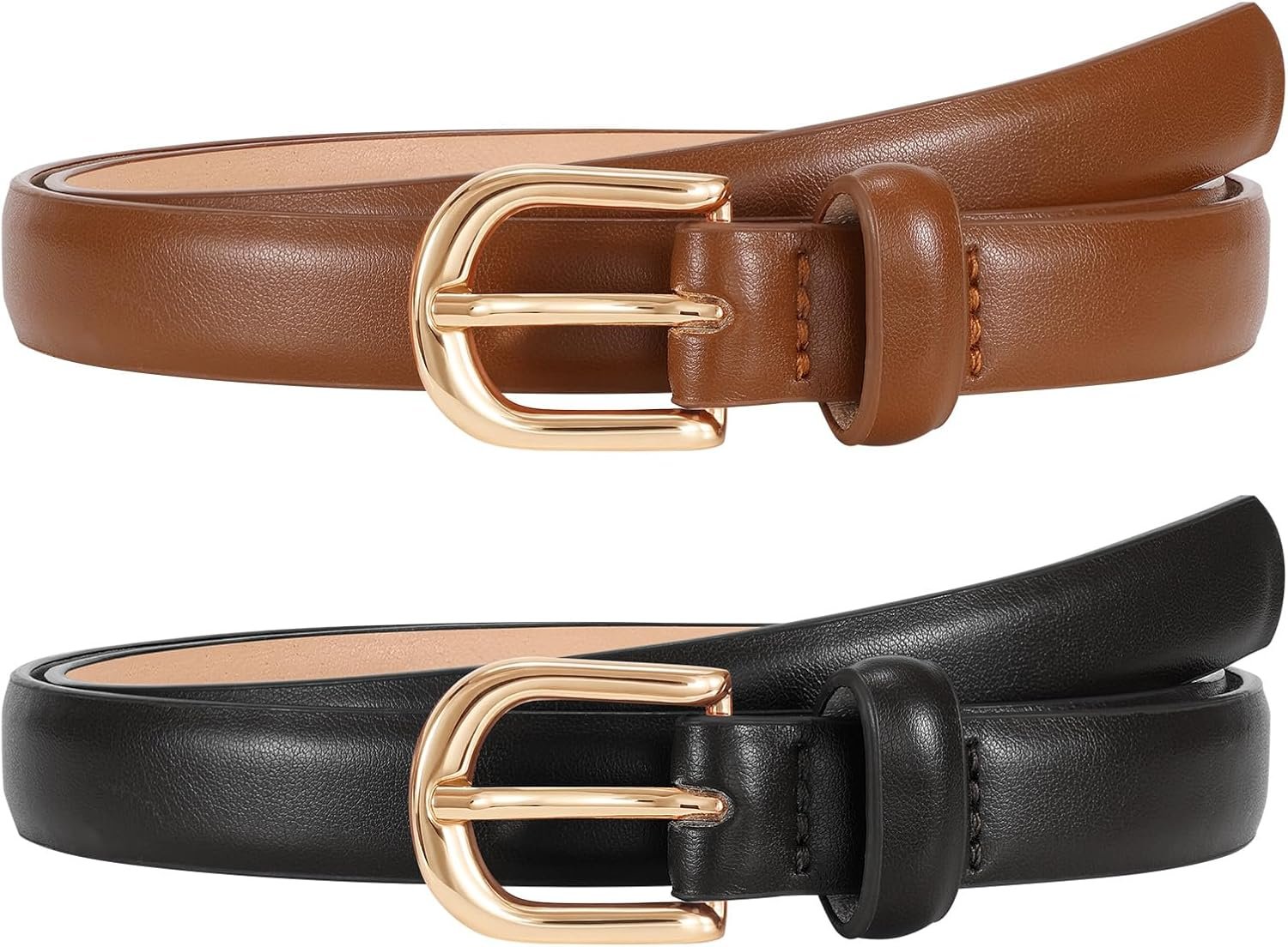 JASGOOD 2 Pack Skinny Leather Belts for Women Plus Size Fashion Thin Waist Belts for Jeans Pants Dresses with Gold Buckle