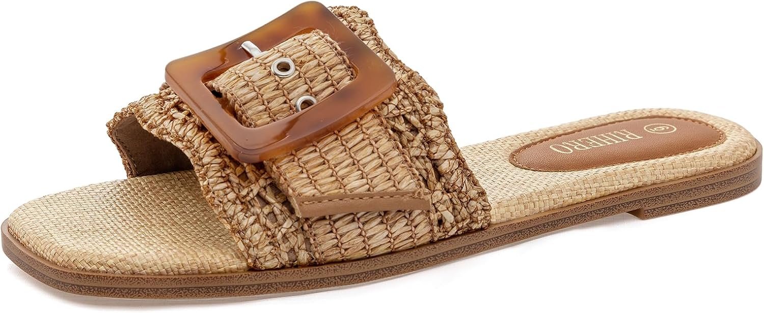 Rihero Women’s Raffia Flat Sandals Square Open Toe Summer Beach Slip On Woven Buckle Slide Sandals
