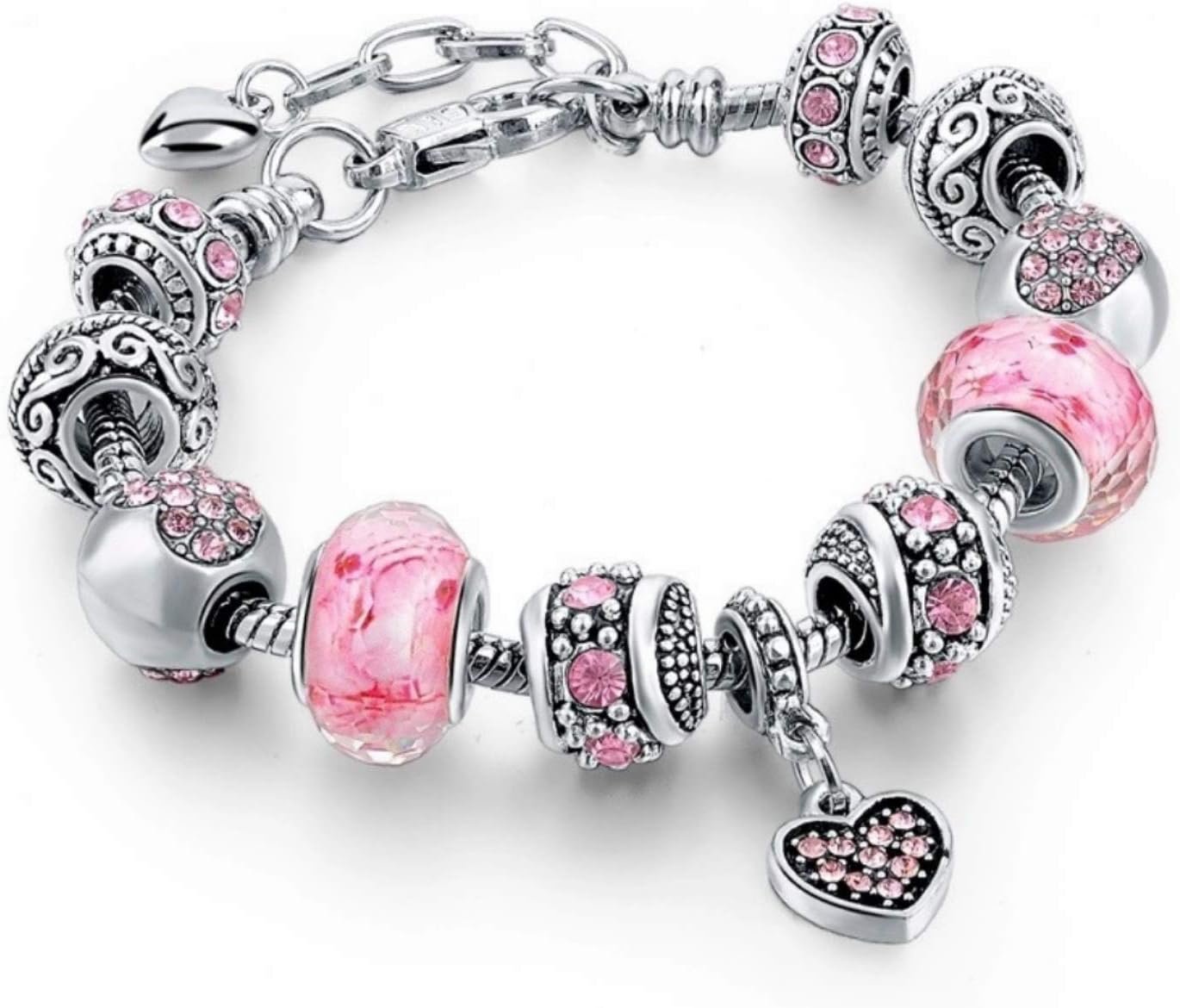 Capital Charms Pink Hearts Silver Plated Charm Bracelet Set, Jewelry Gifts with Beads, Charms, and Adjustable Snake Chain, Fits 7.5″+1.5″