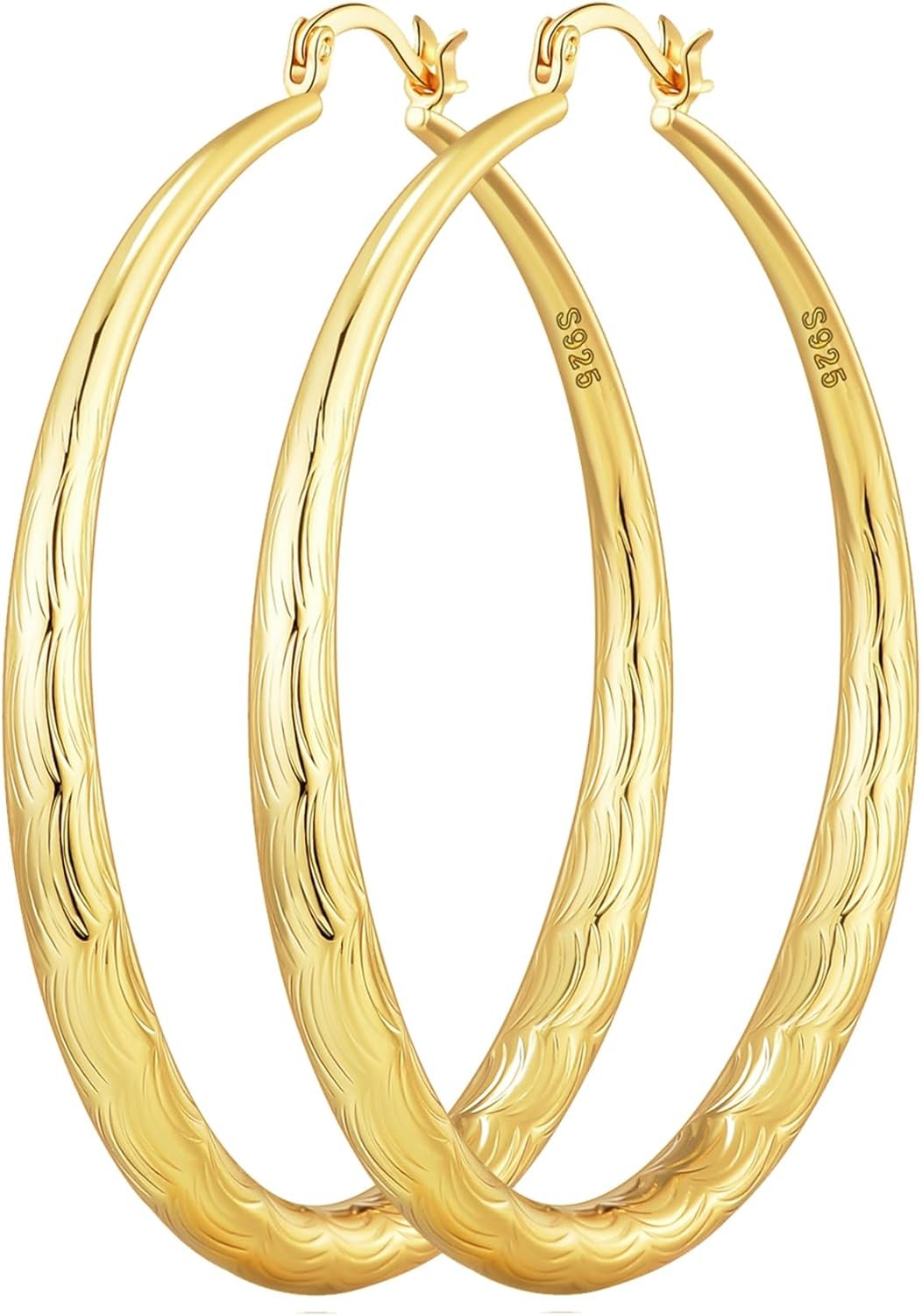 OOOPEL 925 Sterling Silver Hoop for Women Gold Hoop Earrings Hypoallergenic Diamond-Cut Ripples Designed – Non Tarnish Large Hoop Earrings(30/40/50/60/70mm)