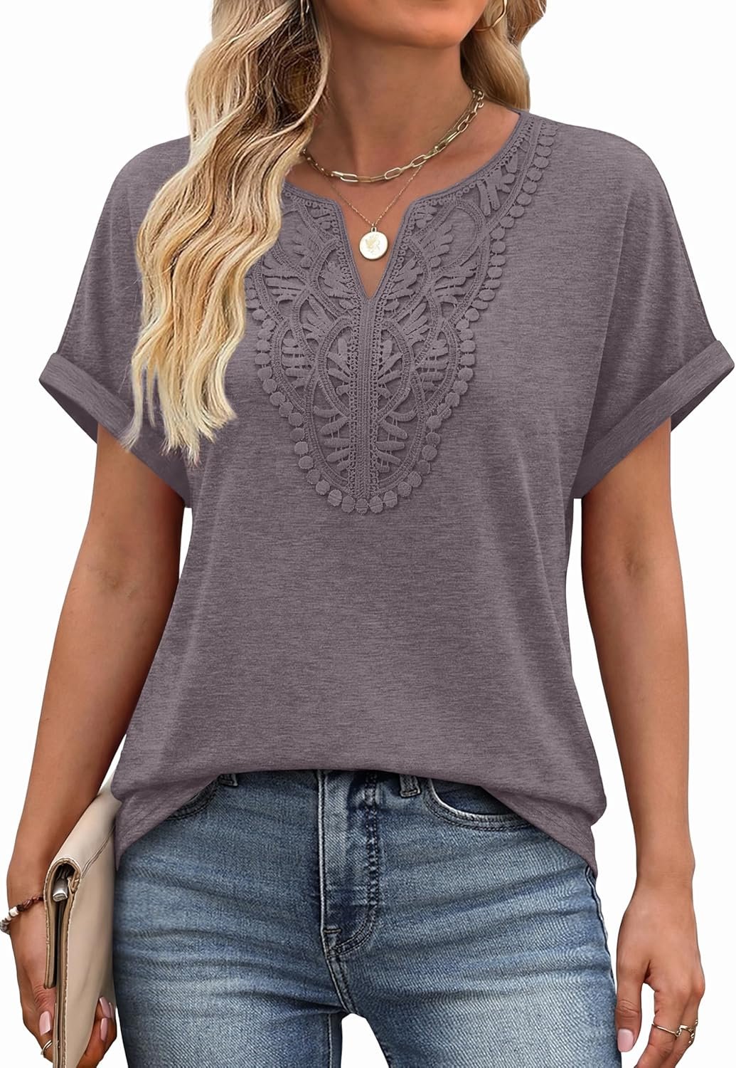 Sipaya Womens Blouses Dressy Casual Summer Shirts Short Sleeve Lace Front Boho Tunic Tops for Leggings Fashion Clothes