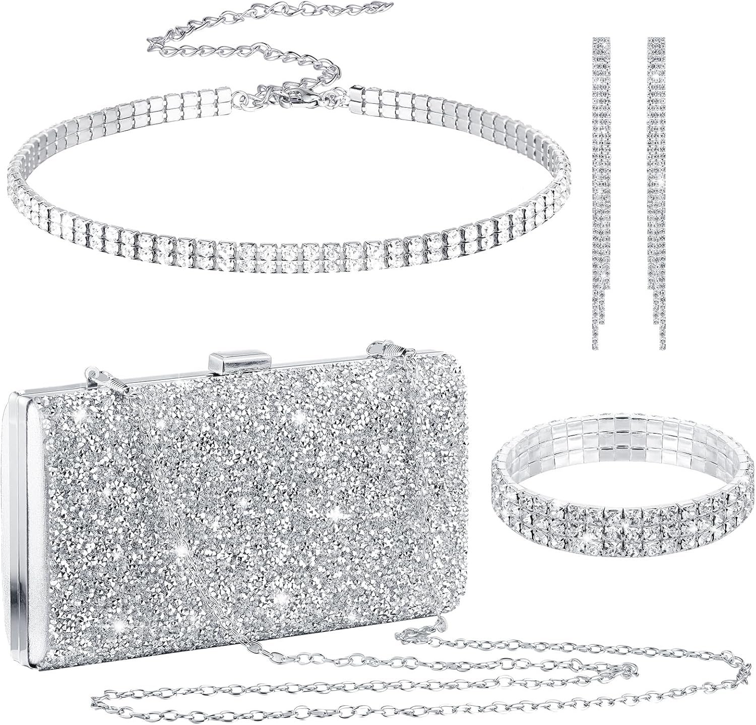Kigeli 4 Pieces Women Rhinestone Evening Clutch Bag Bling Earring Necklace Bracelet for Wedding Graduation Prom