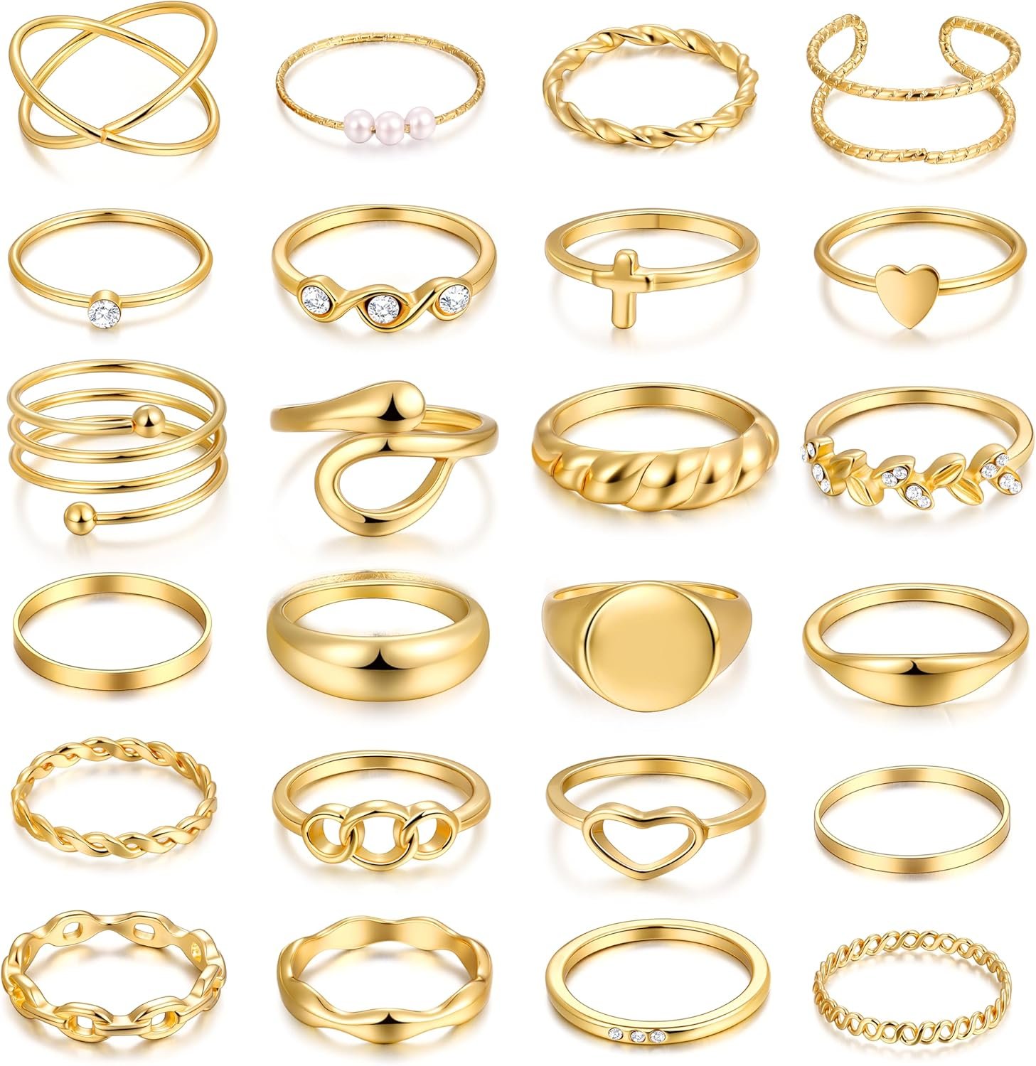 FAXHION 24-60 Pcs Gold Stackable Rings for Women, Knuckle Rings Chunky Gold Ring Set Dainty Stacking Cute Rings, Multiple Sizes Cute Jewelry Set Gift