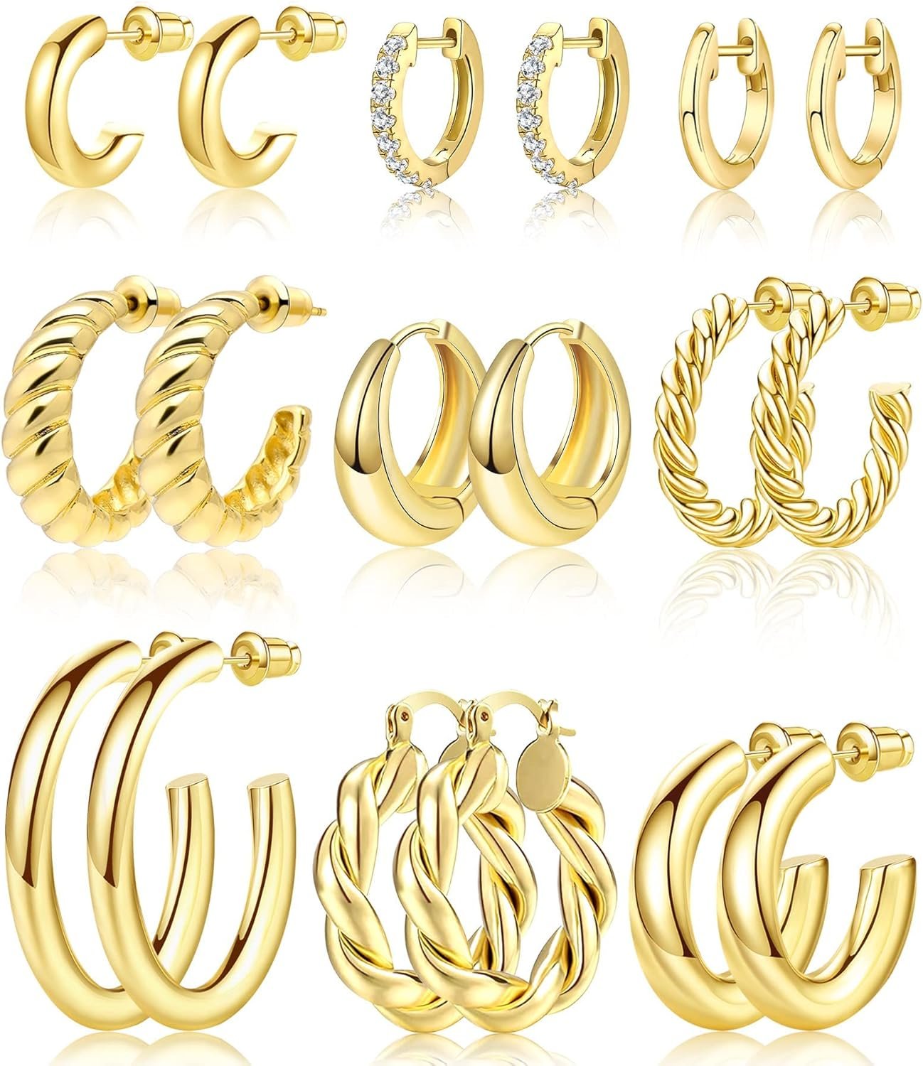 Adoyi 9 Pairs Gold Hoop Earrings Set for Womens Twisted Huggie Hoops Earrings 14K 18K Gold Plated for Girls Valentines Mother’s Day Birthday Gifts Lightweight