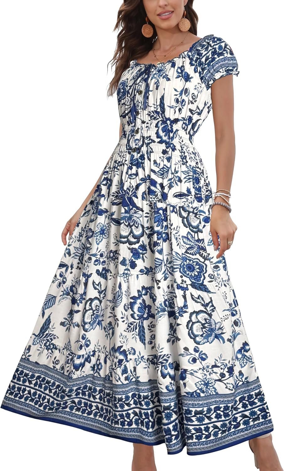 OSTOO Women’s 2026 Summer Short Sleeves Boho Floral Print Tiered Casual Flowy Long Maxi Dress