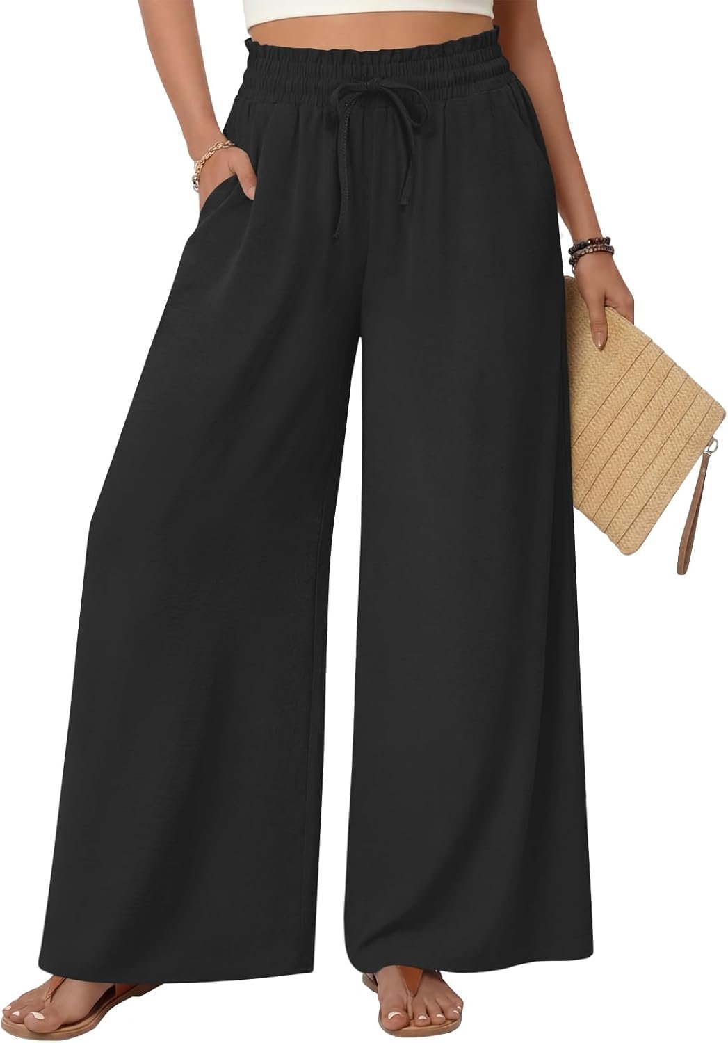 Netsmile Women’s Wide Leg Palazzo Pants Dressy Flowy Casual High Waist Drawstring Beach Boho Trousers with Pockets