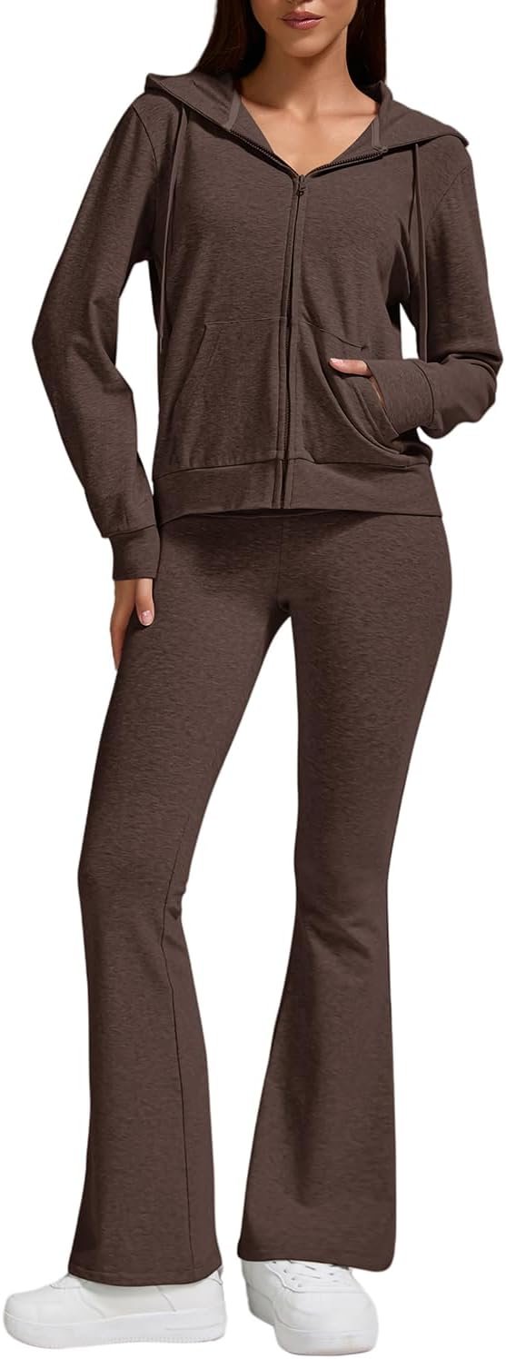 ZFLM Casual Workout Two Piece Outfits for Women Zip Up Hoodies High Waist Foldover Flare Pants Tracksuit Sets Streetwear