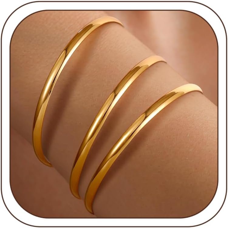 Awinesn 18K Gold Plated Bangles for Women Stainless Steel Glossy Stackable Thin Round Bracelets Solid Plain Polished Bangles Bracelets Set of 3 Jewelry for Women
