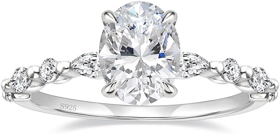 EAMTI 3 Carats 925 Sterling Silver Ring Oval Cut Cubic Zirconia Engagement Solitaire Marquise Promise Ring for Women Size 3-13
