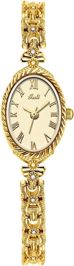 CARLIEN Fashion Vintage Gold Oval Quartz Watches for Women – Alloy Steel Band Slim Bracelet – Roman Numerals Numbers – Dainty Elegant Dress Wristwatch Waterproof
