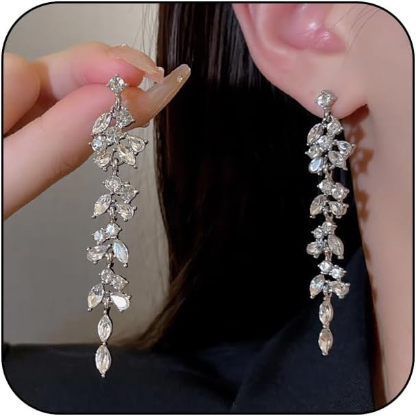 Shiny Silver Cubic Zirconia Tassel Earrings for Women, Sparkling Rhinestone Wedding Bridal Bridesmaid Drop Dangle Earrings Funky Preppy Aesthetic Jewelry