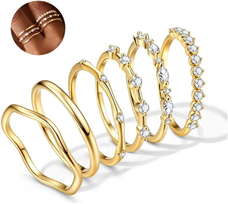 Gold Rings for Women Non Tarnish Stackable Wedding Ring Set Cubic Zirconia Dainty Band Engagement Bands for Her Women’s Jewelry Size 5-10