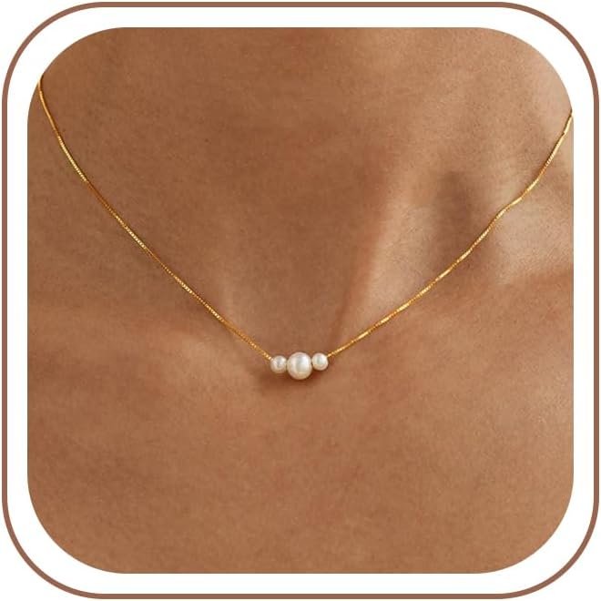 Gold Pearl Necklaces for Women Trendy, 14K Gold Plated Dainty Necklace Simple Layered Pearl Necklaces for Women Trendy Wedding Birthday Jewelry
