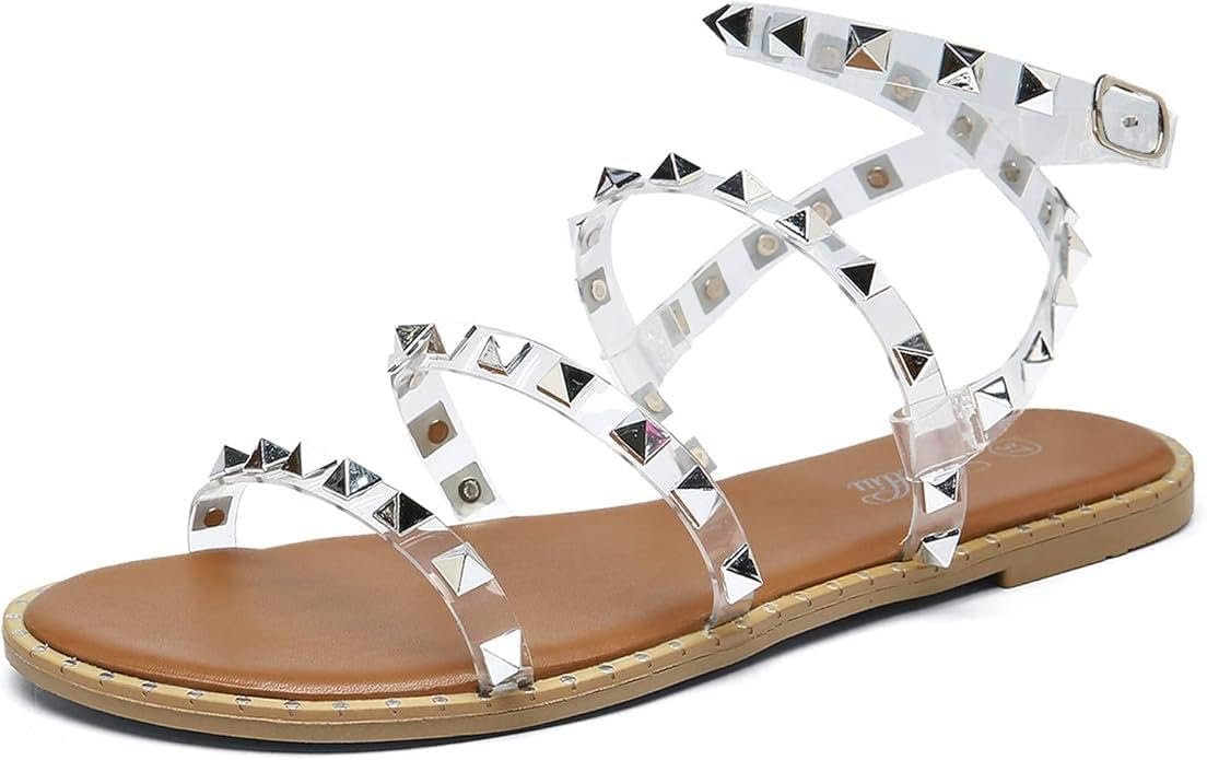 katliu Women’s Flat Sandals Strappy Studded Sandals Gladiator Sandals with Ankle Strap