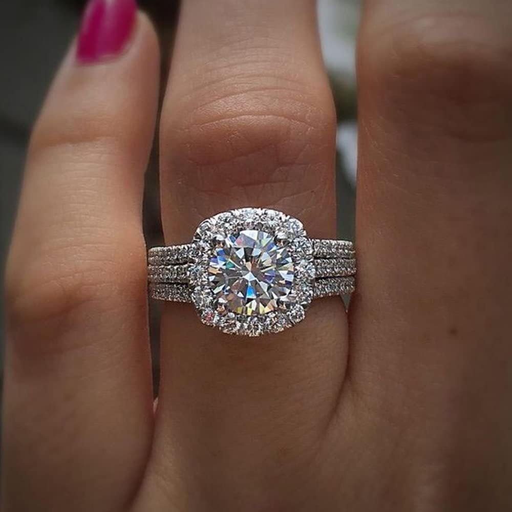 Koguxuix Fashion Jewelry 925 Sterling Silver Shiny Full Diamond Ring Round Cubic Zirconia Anniversary Promise Cocktail Ring CZ Diamond Multi Row Ring Eternity Engagement Wedding Band Ring (Size 9)