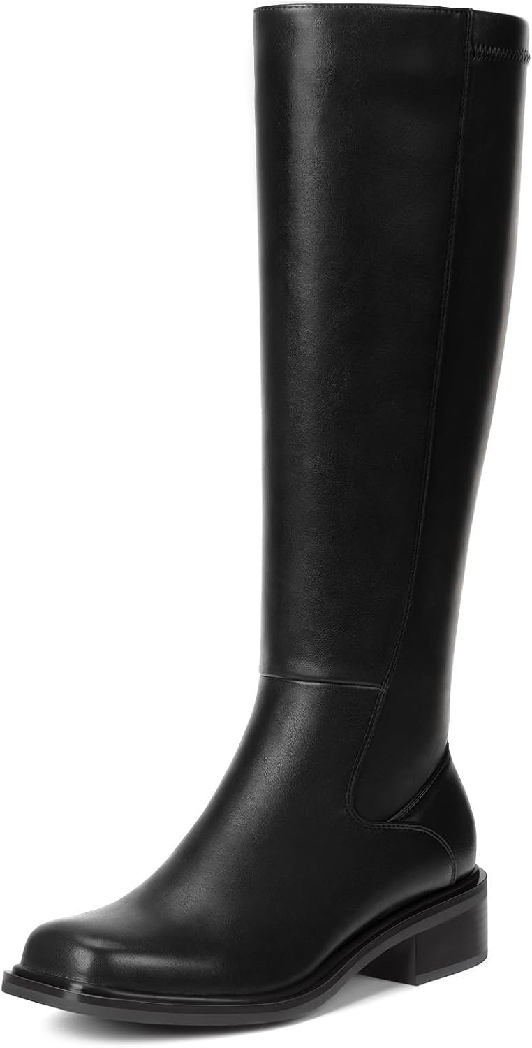 Lumeheel Black Knee High Boots for Women – Low Heel Square Toe Fall Tall Boots with Side Zipper