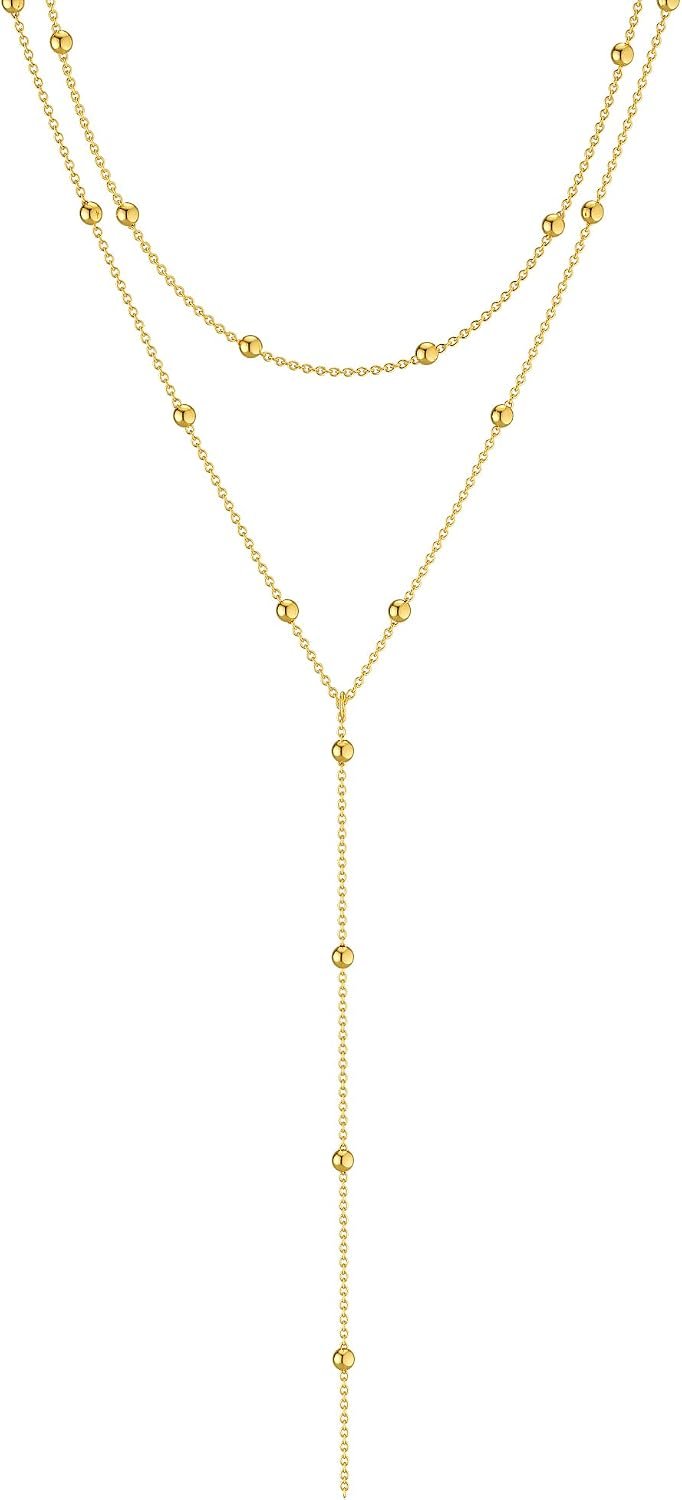 Foxgirl Lariat Gold Necklace for Women, Dainty Long Necklace 14k Gold Plated/Silver Y-Shaped Pendant Necklace Trendy Layered Cz Beaded Chain Drop Necklaces Simple Gold Jewelry For Women Gift