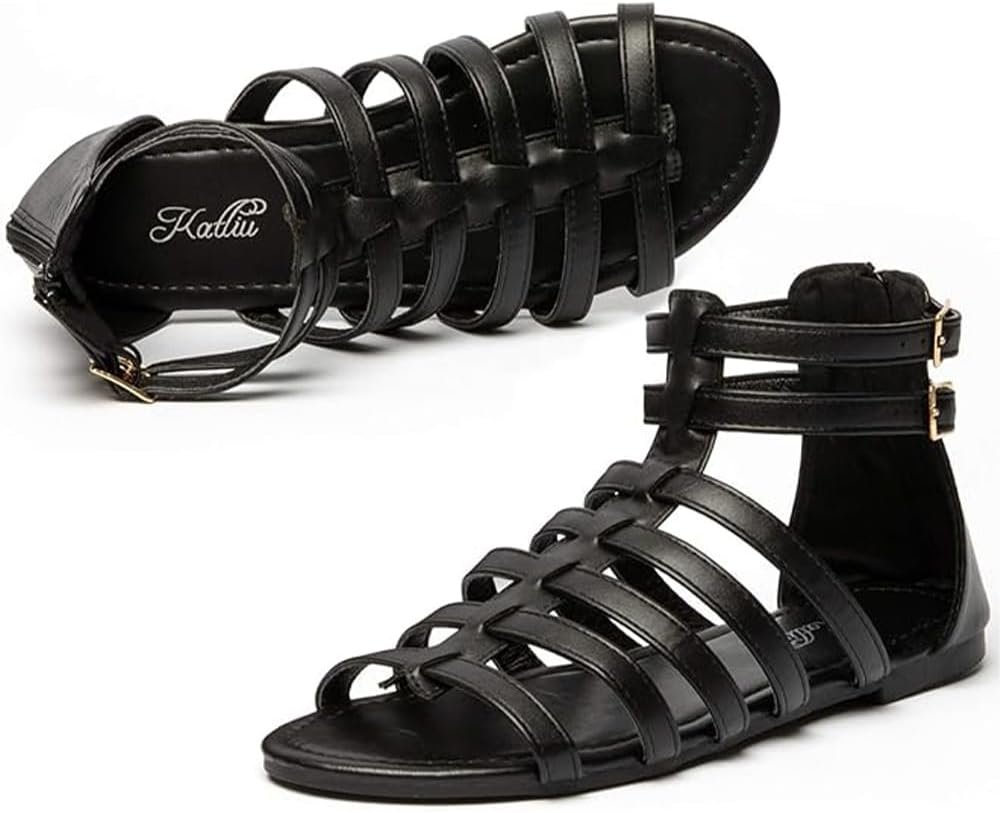 katliu Women’s Gladiator Sandal Strappy Flat Sandals Two Ankle Buckle