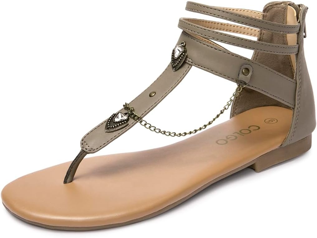 Colgo Thong Flat Sandals with Chain, Ankle Strap Zip Closure Flat Sandals, Women’s Casual Sandals for Summer Party