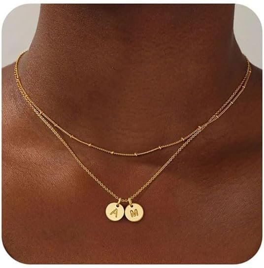 Turandoss Initial Necklaces for Women, Dainty 14K Gold Plated Layered Two Letter A-Z Stack Disc Initial Necklace Trendy Personalized Birthday Friendship Gifts for Women Girls Jewelry