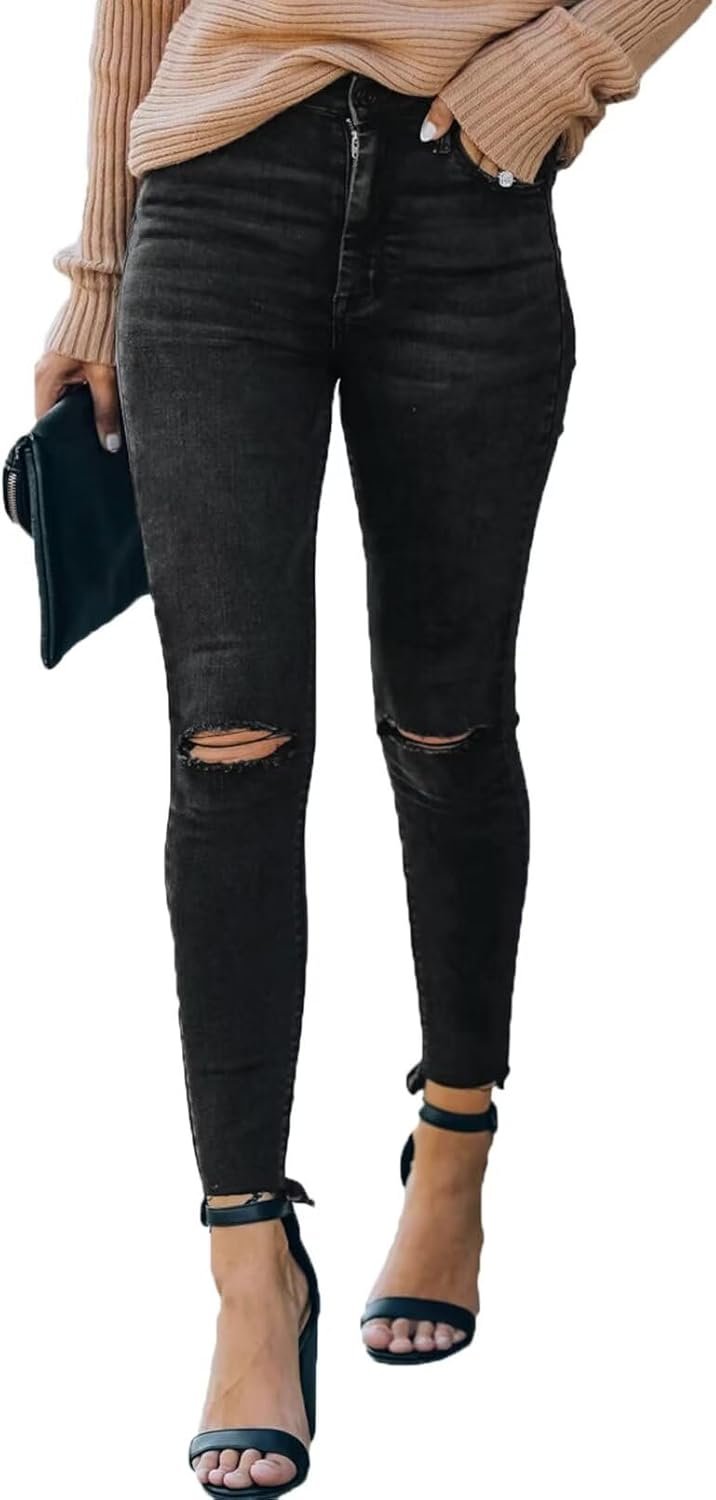Allimy Women’s High Rise Skinny Stretch Ripped Jeans High Waisted Destroyed Denim Pants