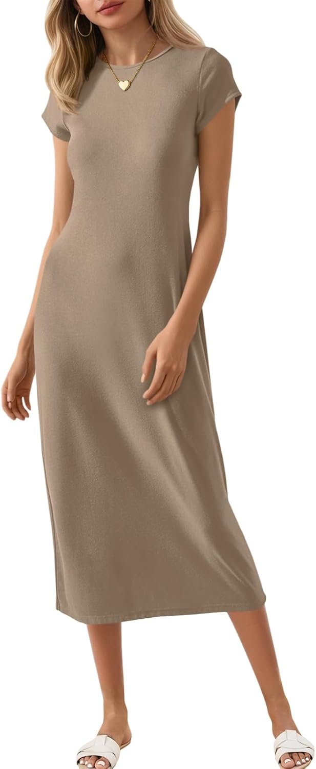 Wenrine Women’s Short Sleeve T-Shirt Dress Summer Crew Neck Basic Solid Casual Long Midi Dresses