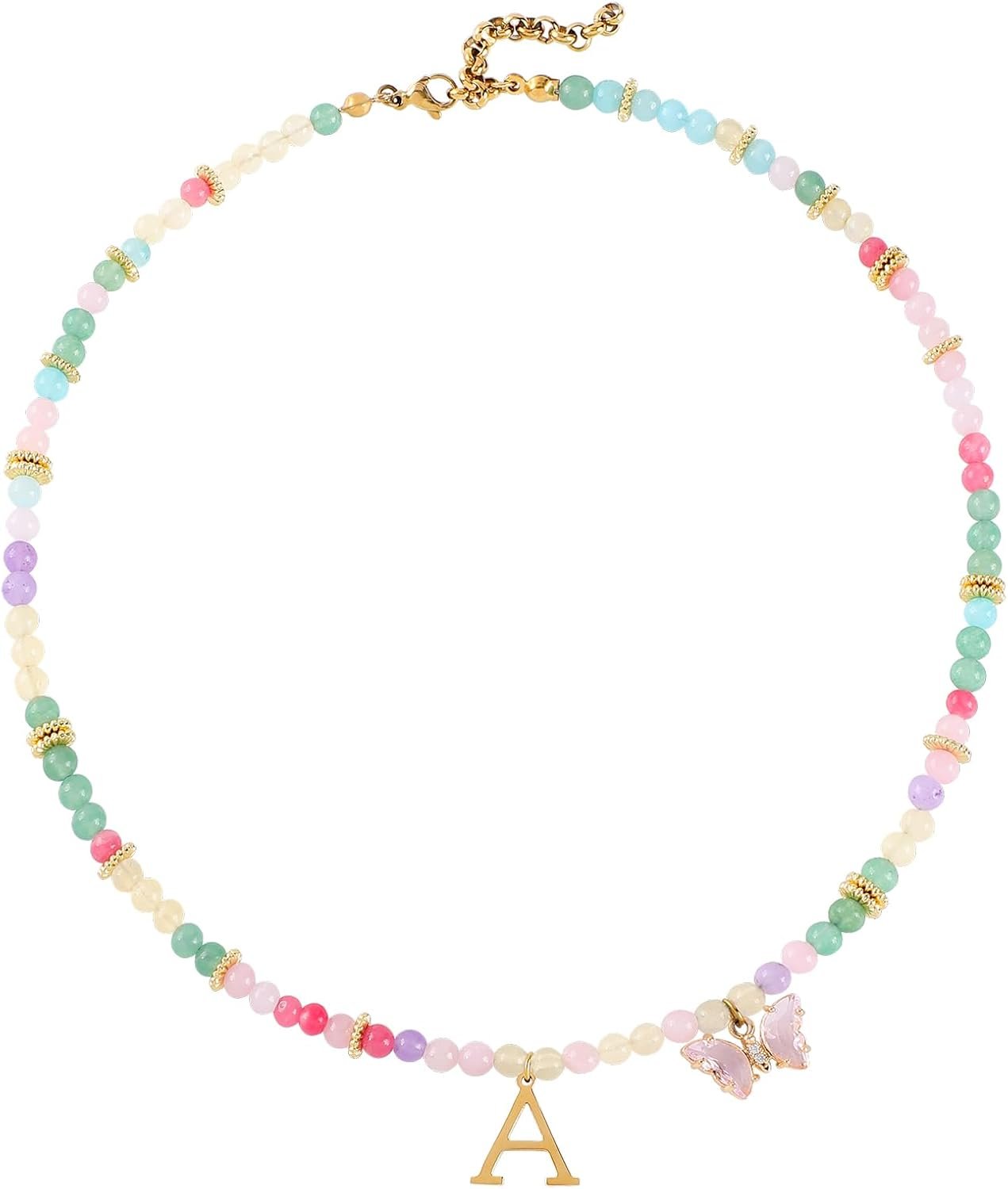 Beaded Initial Necklace for Kids Girls Women, Butterfly Letter Necklace, Stainless Steel Initial Jewelry, Durable Handmade Natural Stone Beads, Birthday Gifts for Daughter Granddaughter