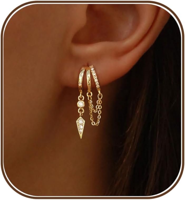 Dangle Earrings for Women,14k Gold Plated Triple Huggie Stud Earrings Cute Statement Chain Earring Dainty Drop Earrings for Women Trendy Gold Plated Jewelry